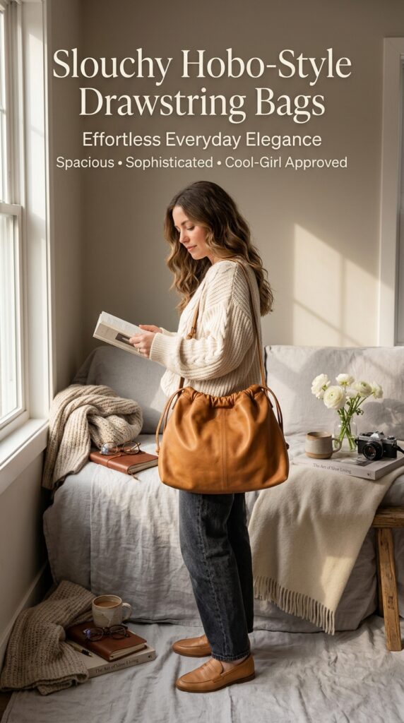 "Spacious slouchy hobo-style drawstring bag in soft camel leather displayed with oversized cream sweater, chunky scarf, reading glasses, journal, coffee mug, and fresh flowers on warm textured background, showcasing roomy capacity and effortlessly elegant drape for everyday carry"






