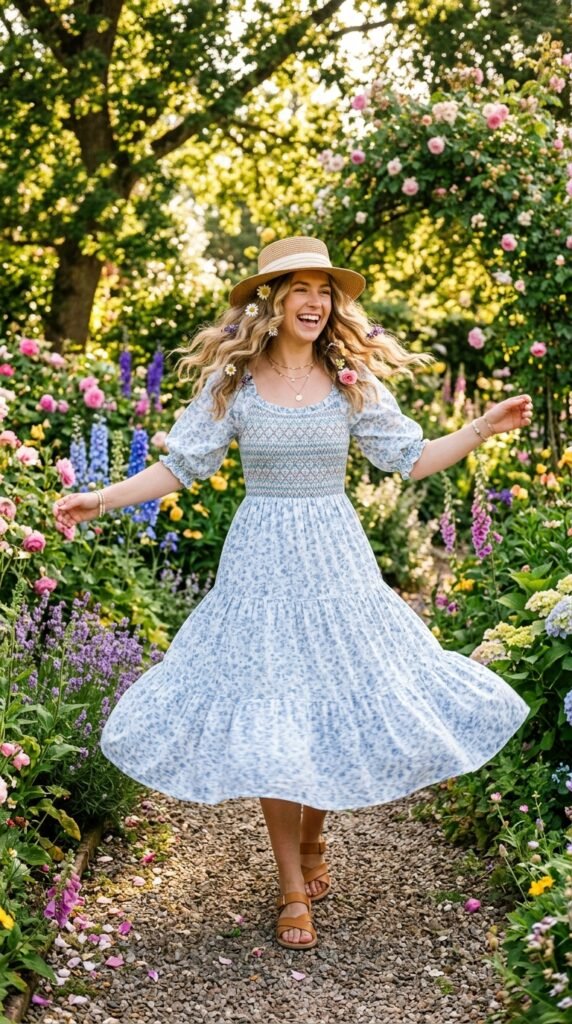 Woman wearing a charming smocked bodice sun dress in soft powder blue with flowing tiered skirt, styled with a straw sun hat and sandals, twirling joyfully in a blooming summer garden surrounded by colorful flowers and greenery.






