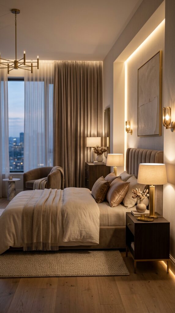 Glam bedroom with soft ambient lighting, warm glow, layered illumination, and a cozy luxurious aesthetic