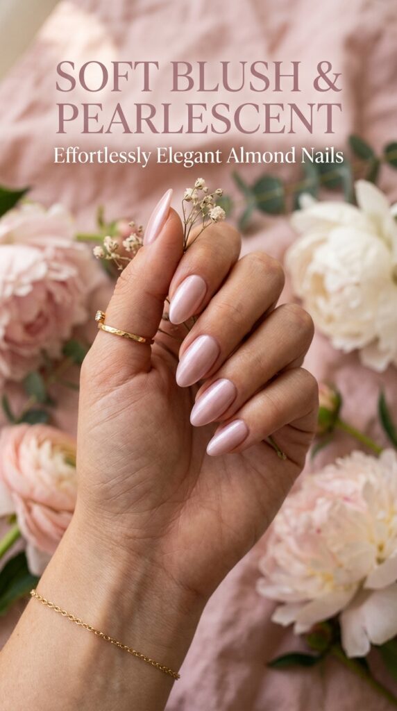 Almond nails with soft blush mauve base and subtle pearlescent finish creating elegant luminous shimmer for sophisticated nail design






