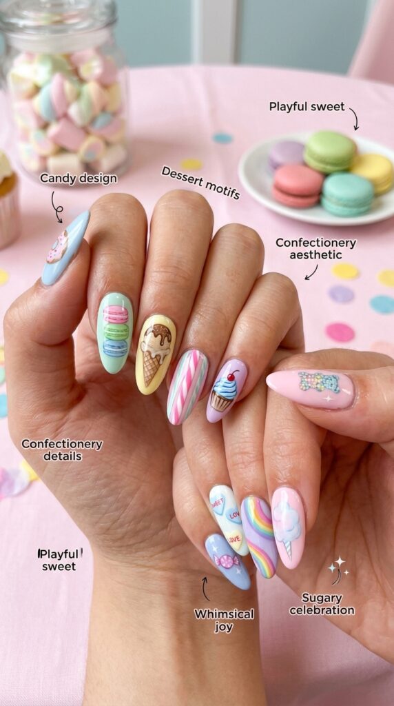 Delightfully whimsical soft candy and dessert-inspired pastel nail designs featuring adorable hand-painted candy imagery including lollipops, macarons, ice cream cones, candy hearts, gummy bears, donuts, cupcakes, and cotton candy in coordinating soft pastel colors creating playful, sugary-sweet aesthetic and joyful confectionery celebration.






