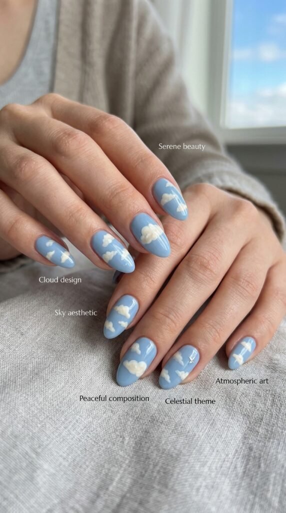 Serene and peaceful soft cloud and sky nail designs featuring powder blue or sky-blue bases with delicate hand-painted fluffy clouds in white or cream, simple cloud formations, multiple cloud arrangements, peaceful composition, and tranquil atmospheric aesthetic celebrating celestial beauty and sky appreciation.





