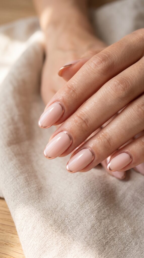 Hands with soft pastel or neutral base nail polish featuring thin metallic gold or silver line accent along cuticle or tip edge for refined luxurious minimalist summer manicure






