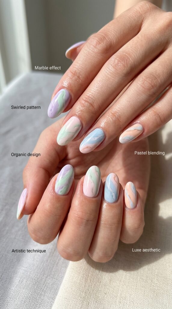 Luxuriously artistic soft marble effect nails featuring multiple blended pastel colors—pink, blue, lavender, peach, mint—swirled organically creating natural veining patterns resembling precious marble stone with unique patterns on each nail, glossy finish, and sophisticated luxe aesthetic.






