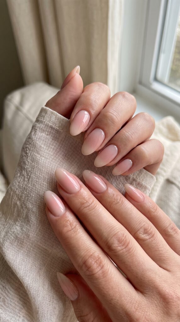 Hands with soft ombre gradient transitioning from delicate blush or lavender at cuticle to sheer nude at tips creating sophisticated barely there color effect for refined minimalist summer nails






