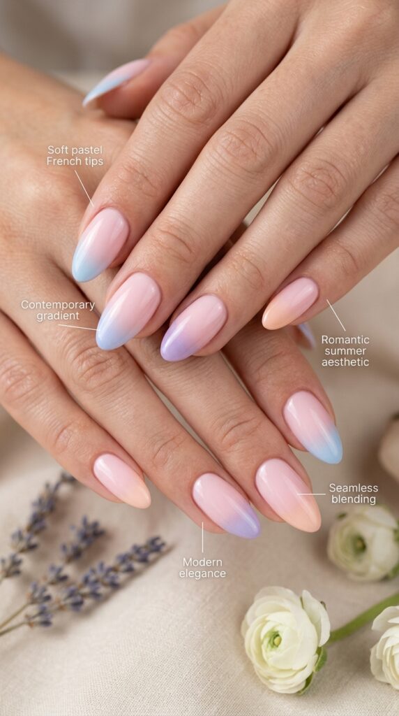Elegantly refined soft pastel French tip manicure featuring cream or baby pink bases with powder blue, lavender, or peachy pastel tips in smooth gradient transitions, showcasing contemporary romantic twist on classic French manicure with professional-quality technique and summer aesthetics.






