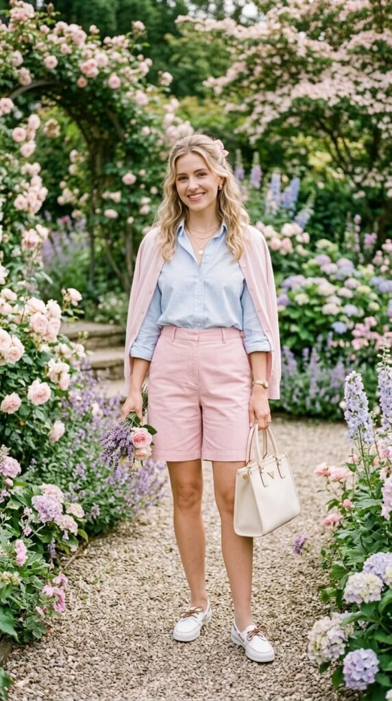 Woman wearing a soft pastel layered preppy outfit featuring a pale blue button-down shirt, soft pink tailored shorts, white canvas shoes, pale pink cardigan, and gold jewelry, standing in a romantic garden filled with blooming soft pastel-colored flowers.






