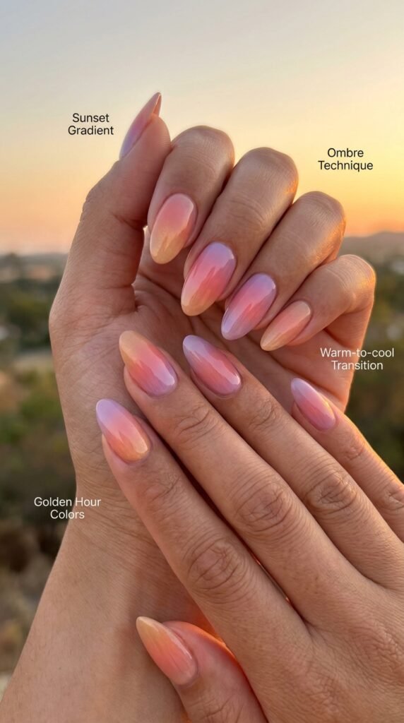 Breathtakingly romantic soft sunset gradient nails featuring seamless color transitions from warm peachy-gold at base through soft pink and coral to pale lavender-purple at tips, mimicking golden hour sunset colors with professional ombre technique, luminous finish, and dreamy atmospheric aesthetic.




