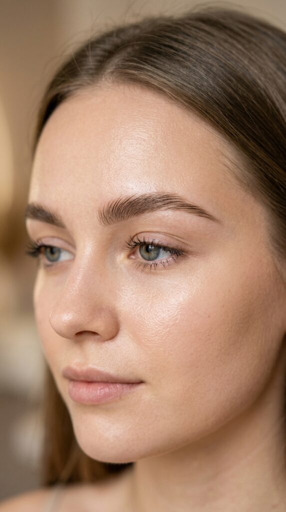 Soft arched brows with a natural gentle curve, creating a polished, balanced, and effortlessly elegant eyebrow look