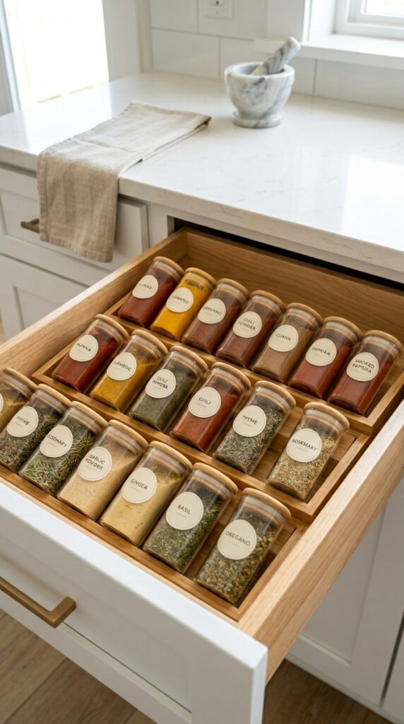 Spice organization system with labeled jars arranged neatly, creating a clean, functional, and visually appealing kitchen storage setup