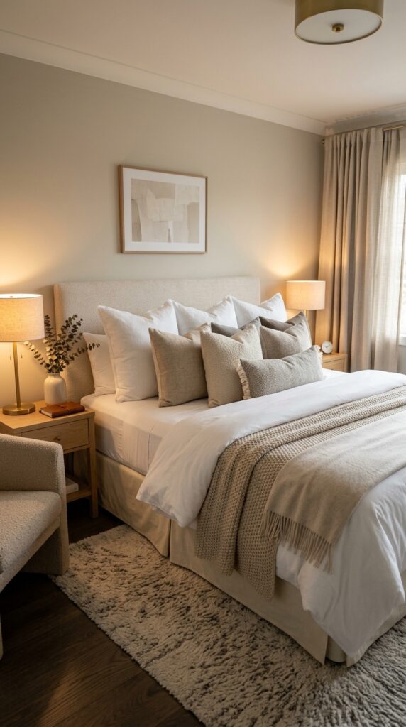 Glam bedroom with a statement chandelier, warm lighting, elegant decor, and a luxurious hotel-style aesthetic