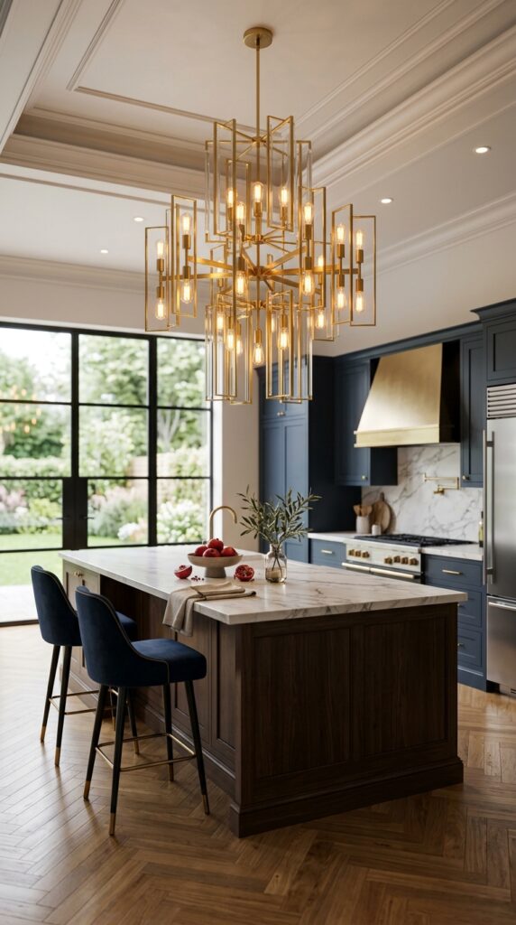 Statement chandelier in a kitchen creating a bold, luxurious focal point with elegant lighting and modern interior design