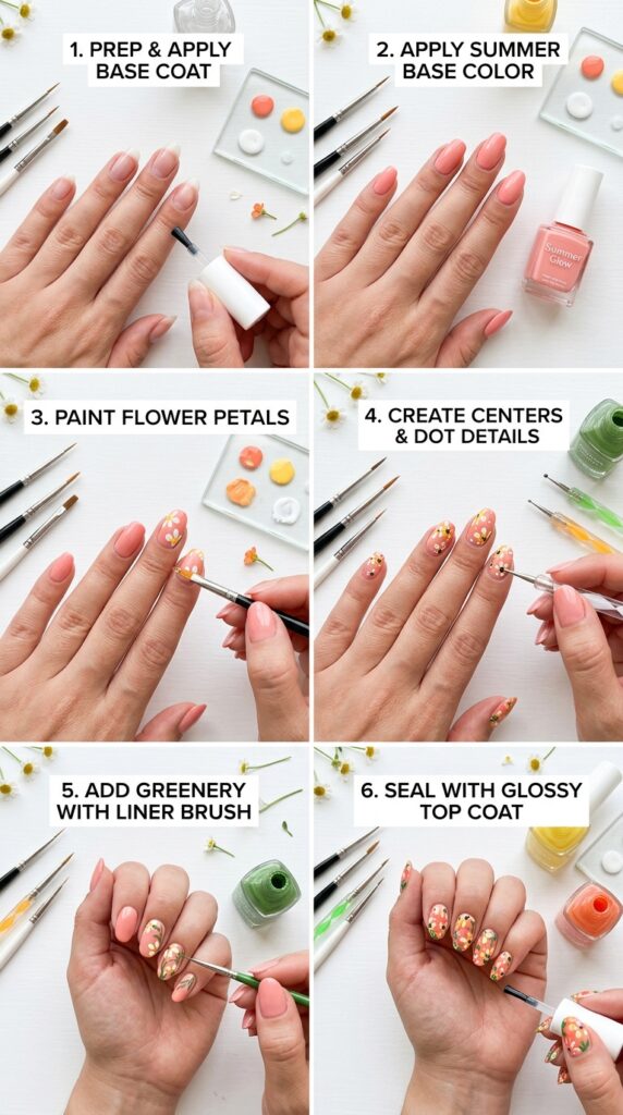 Step-by-step tutorial images showing complete process of creating summer floral nail art from base coat preparation through petal painting to finished glossy design.