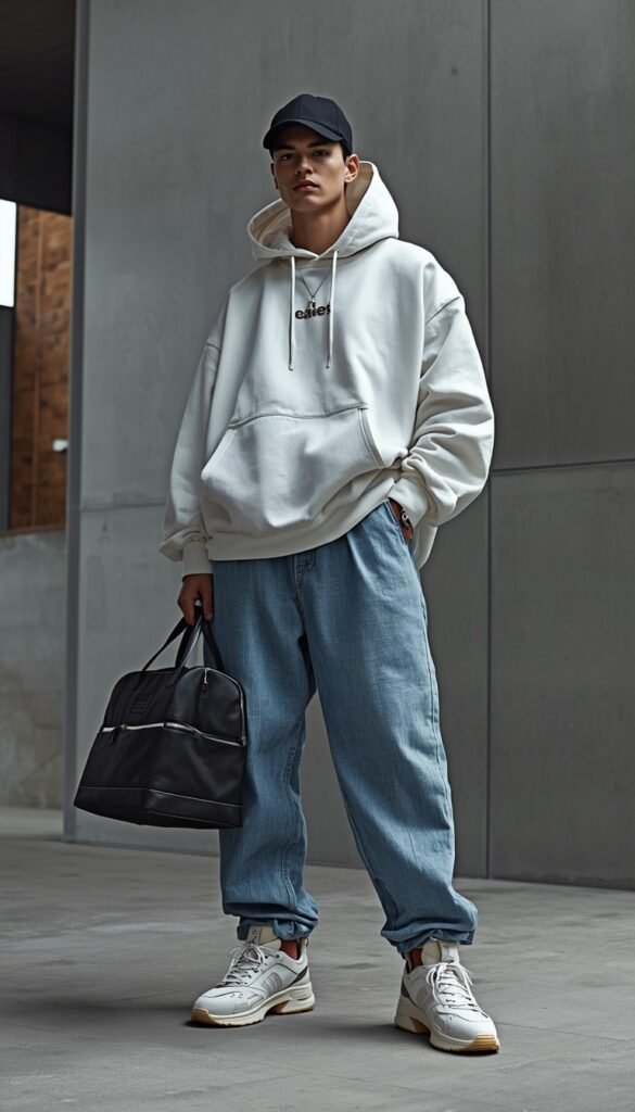 Model in oversized streetwear outfit with a structured bowling bag, urban setting, relaxed fit, and modern trendy aesthetic