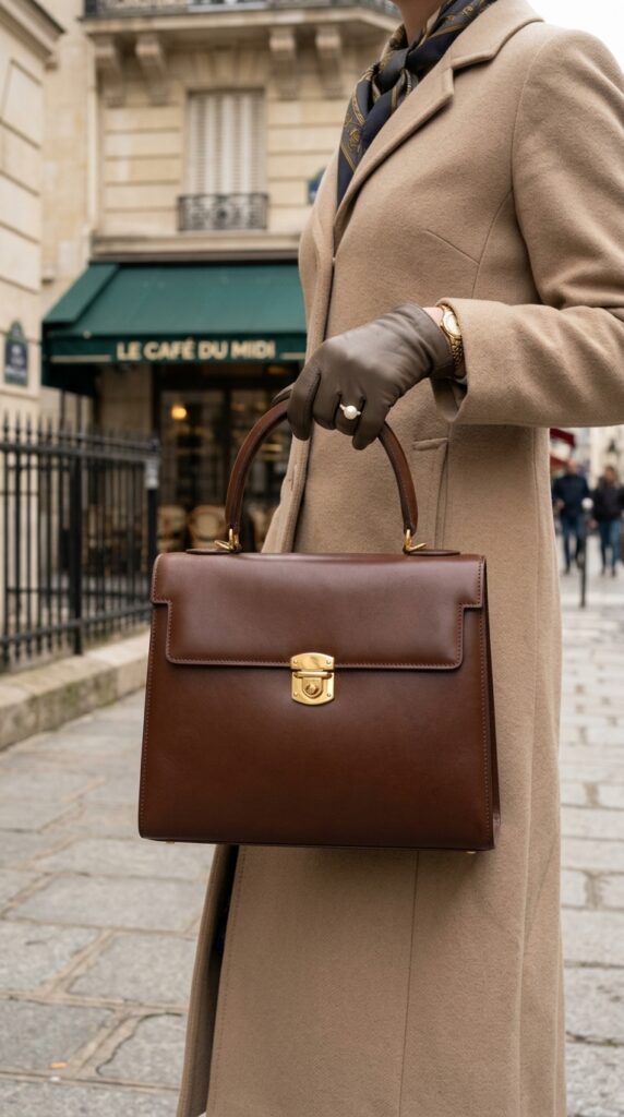 Structured 1960s top-handle bag with a vintage boxy design and elegant details, creating a timeless, retro, and sophisticated fashion look