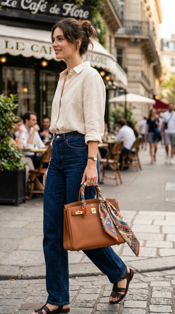 Bandana tied on a handbag handle as a stylish charm accent, adding a trendy and effortless detail to a chic outfit
