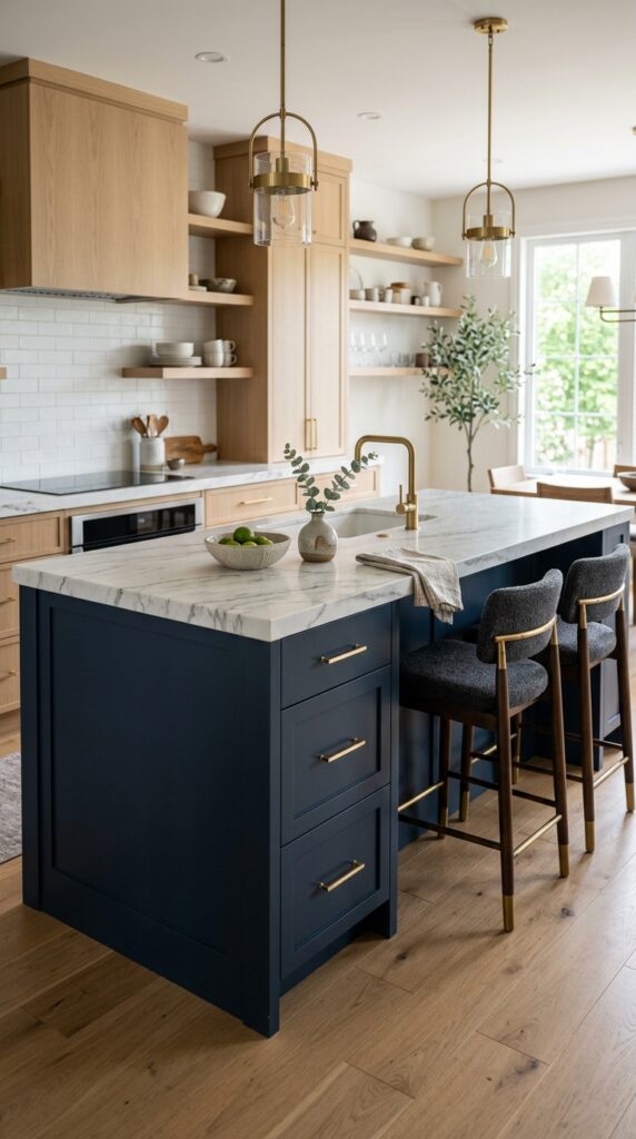 Two-tone kitchen island with contrasting base and countertop, modern design, and a clean elegant aesthetic