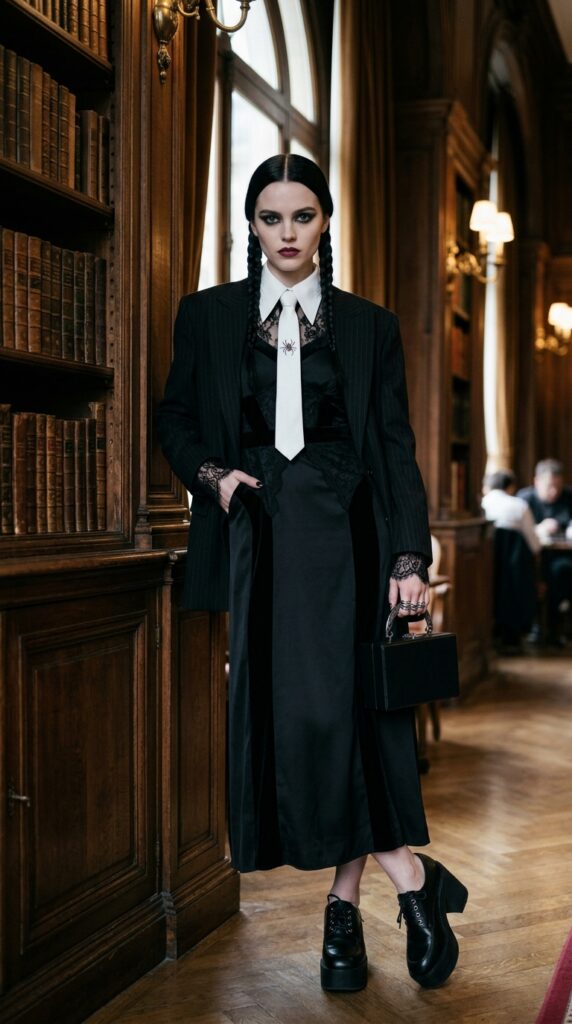 Trendy pop culture character outfit with stylish costume details, bold makeup, and a modern Halloween aesthetic
