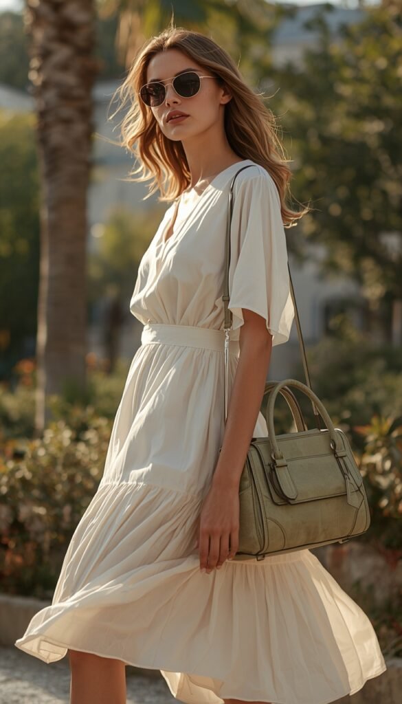 Model in a flowy summer dress with a bowling bag, sunlit setting, soft tones, and an airy feminine aesthetic