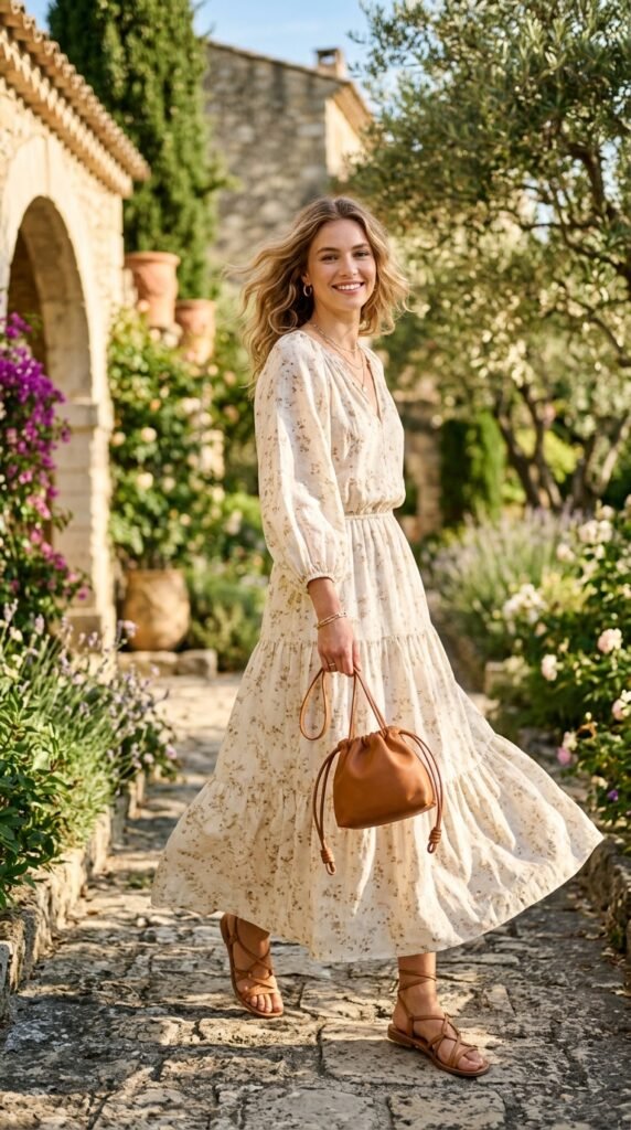 Model in a flowy summer dress with a drawstring pouch bag, soft tones, sunlit setting, and an airy feminine aesthetic