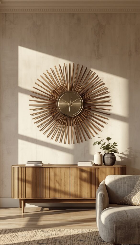 Modern interior with a sunburst mirror or clock as focal wall decor, radiating design, neutral tones, and soft natural lighting