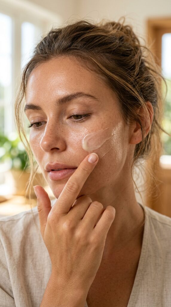 Close-up of sunscreen being applied on glowing skin, smooth blend, dewy finish, and a fresh summer skincare routine
