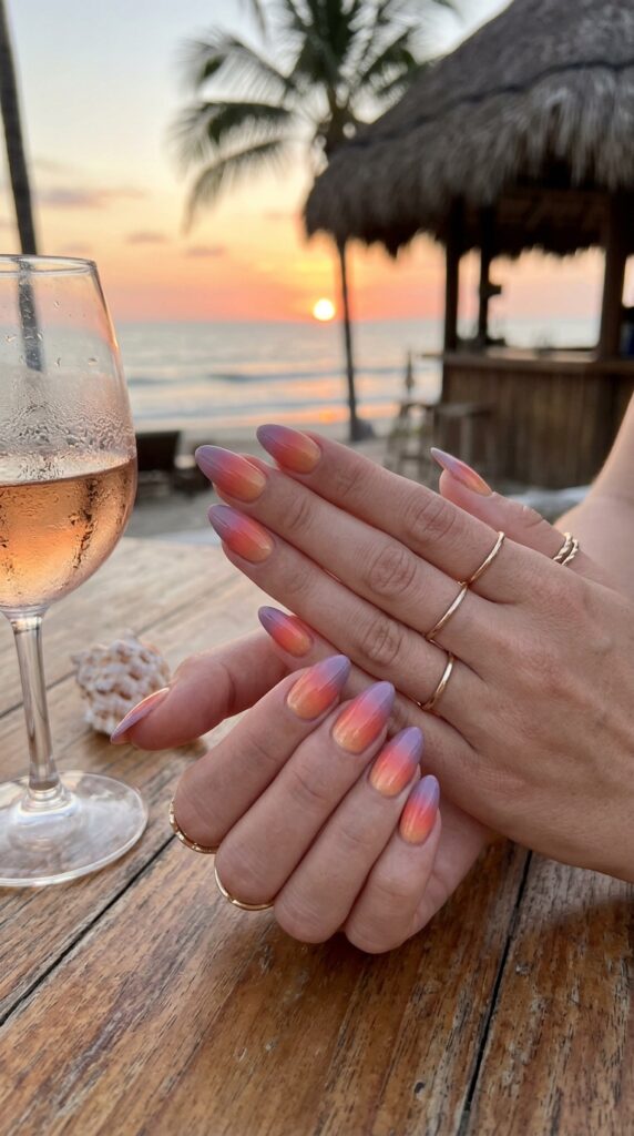 Breathtakingly romantic sunset and golden hour color vacation nails featuring seamless ombre gradient from warm peachy-gold at base through coral and sunset orange to pale lavender and purple at tips, mimicking actual sunset color progression with professional technique and atmospheric vacation magic.






