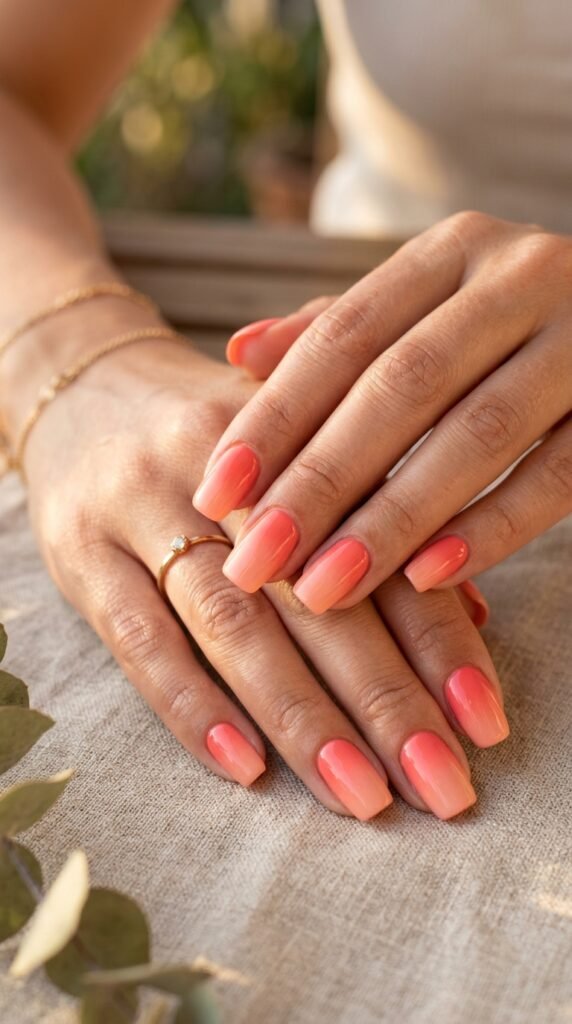 Sunset coral to peach ombre gradient nail design showing smooth color transition from vibrant coral to soft peach tips with glossy finish.