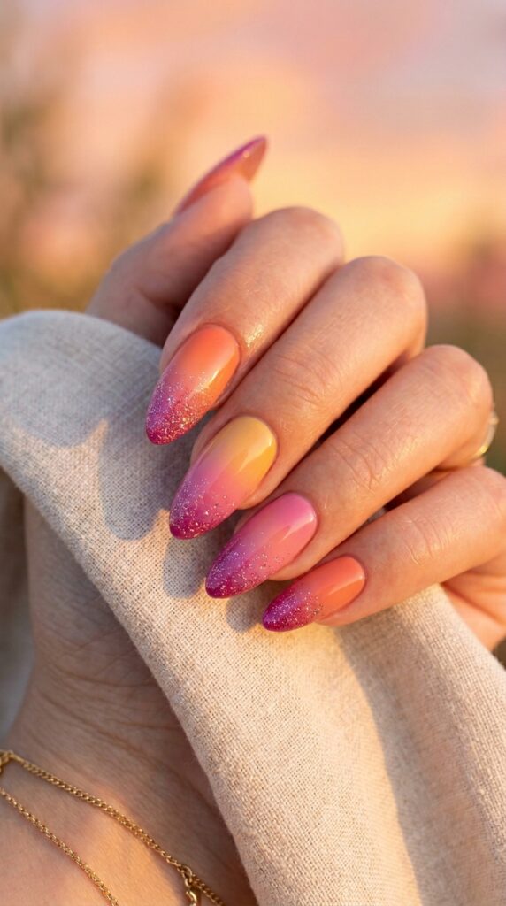 Stunning almond-shaped nails featuring a vibrant sunset gradient transitioning from coral orange to golden yellow to hot pink and magenta, with a holographic and gold glitter fade at the tips, photographed against a warm peach and golden bokeh background.