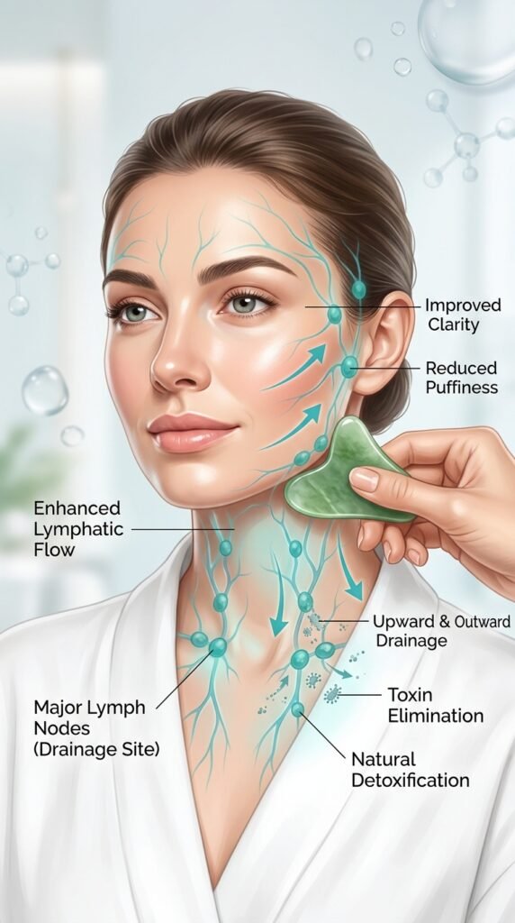 Educational demonstration of gua sha's lymphatic detoxification benefits showing transparent overlay of lymphatic system pathways, arrows indicating toxin elimination and lymph flow, clearer complexion, reduced congestion, and improved skin clarity achieved through stimulated lymphatic drainage with jade gua sha stone.







