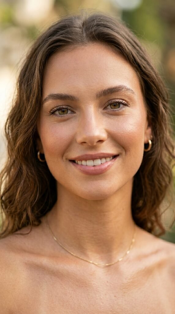 Close-up of a woman with sweat-proof makeup, smooth skin, natural matte glow, and a fresh summer beauty look