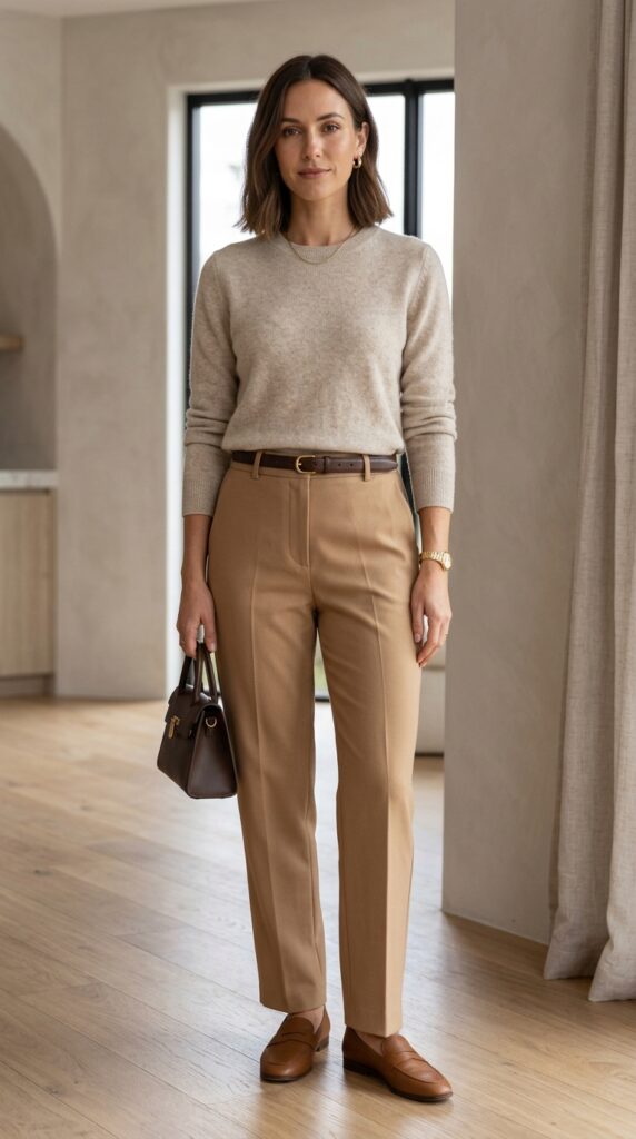 Cashmere sweater and tailored trousers outfit creating a soft, elegant, and minimalist look with a perfect balance of comfort and sophistication