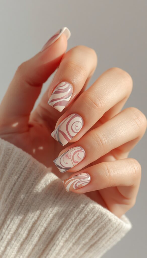 Close-up of square nails with swirl pattern design, flowing curves, glossy finish, and a modern artistic aesthetic