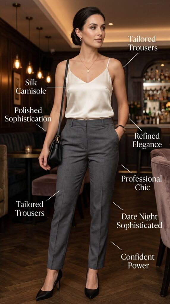 Powerfully polished woman wearing perfectly tailored neutral trousers with a luxurious silk camisole in coordinating or contrasting color, styled with refined pumps or sophisticated footwear and delicate jewelry in an upscale refined date night setting exuding professional elegance and refined confidence.