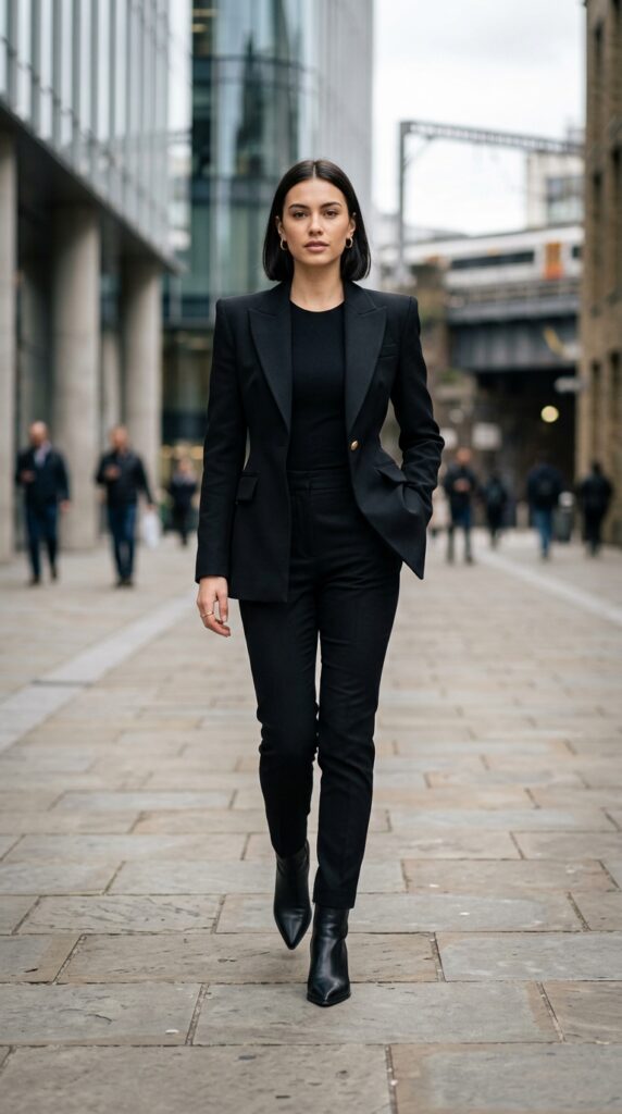 Tailored blazer styled as a statement piece, creating a bold, structured, and effortlessly chic outfit with a modern elegant vibe