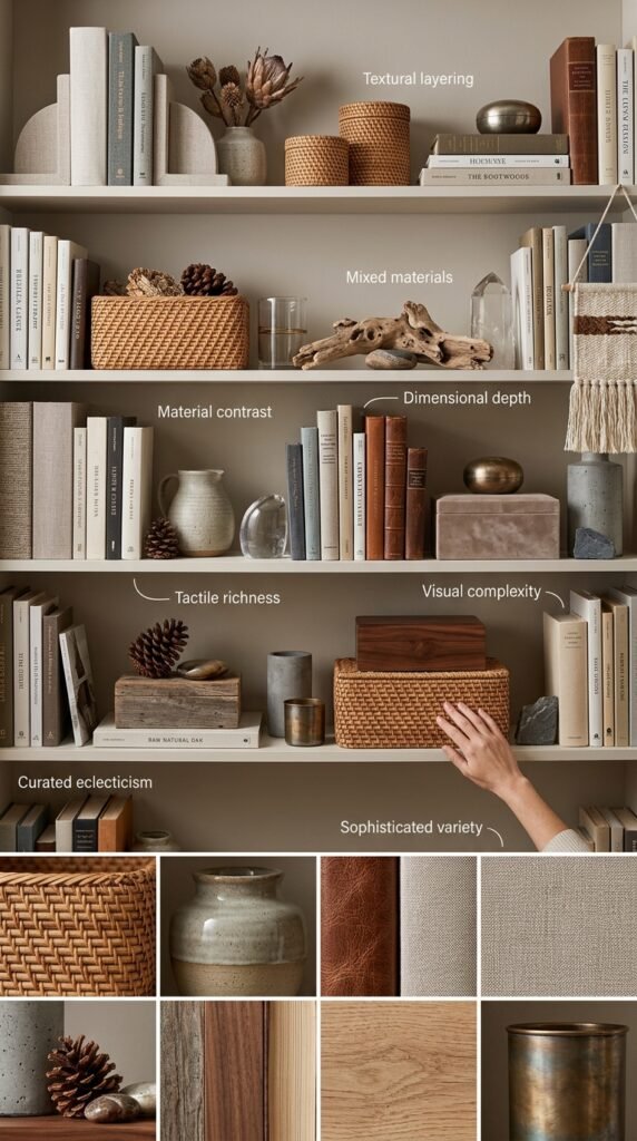Richly textured bookshelf showcasing sophisticated material layering combining varied book textures, woven baskets, ceramic pottery, smooth glass, polished and brushed metals, natural wood elements, soft textiles, concrete accents, and organic materials creating dimensional depth, visual richness, and tactile sophistication.






