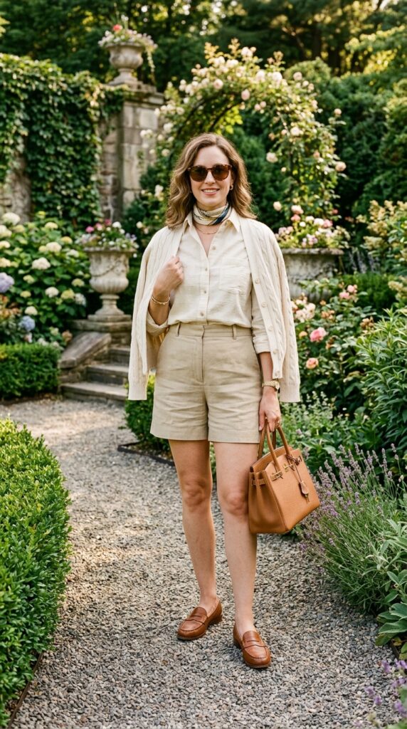 Woman wearing a textured preppy mix outfit featuring a textured cream button-down shirt, cream tailored shorts, cognac leather loafers, textured layered cardigan, and silk accessories, standing in an upscale garden with varied botanical textures and classical stone elements.






