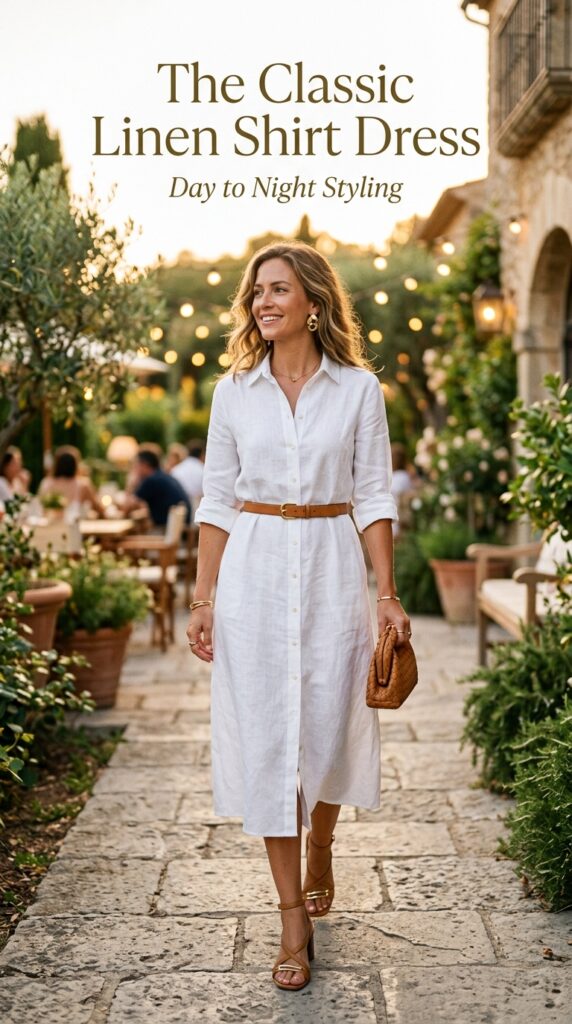Woman wearing white linen shirt dress with leather belt and heeled sandals for day to night summer evening outfit inspiration







