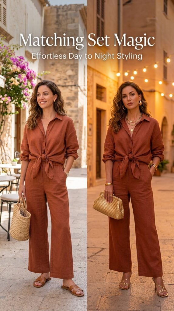 Woman wearing coordinated matching set styled casually for daytime and elevated with jewelry for evening day to night summer outfit







