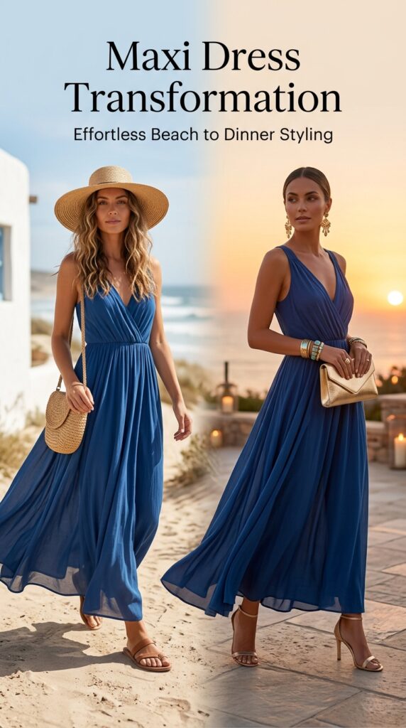 Woman wearing flowing maxi dress styled casually with hat and sandals for daytime and elevated with heels and jewelry for evening day to night transformation






