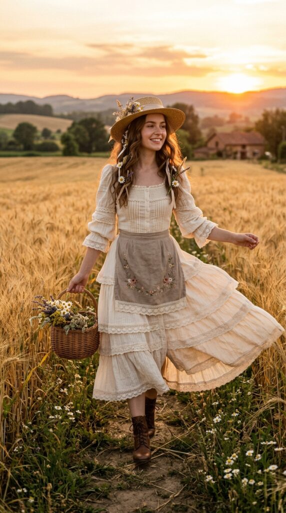 Woman wearing a romantic tiered prairie dress with layered ruffles and lace trim in cream and sage green, accessorized with a vintage apron and straw hat, standing in a golden wheat field at sunset with countryside scenery in the background.






