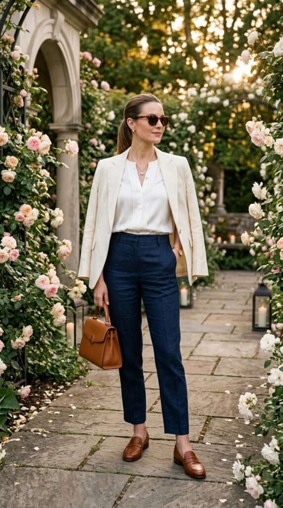 Woman wearing a timeless preppy evening outfit featuring tailored cream linen pants, an elegant white silk blouse, a navy linen blazer, cognac leather loafers, and delicate gold jewelry, standing in an elegant garden with blooming roses and warm golden evening lighting.



