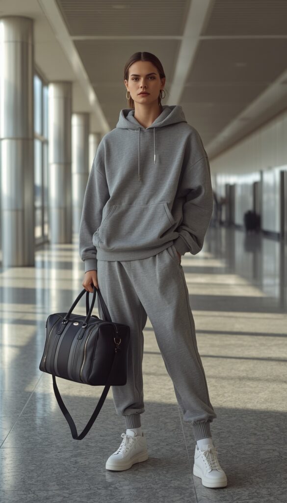 Model in a travel airport outfit with a bowling bag, relaxed style, modern setting, and soft natural lighting