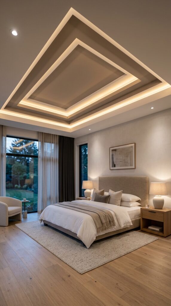 Bedroom with a tray ceiling and soft cove lighting, layered design, warm ambient glow, and a modern luxurious aesthetic