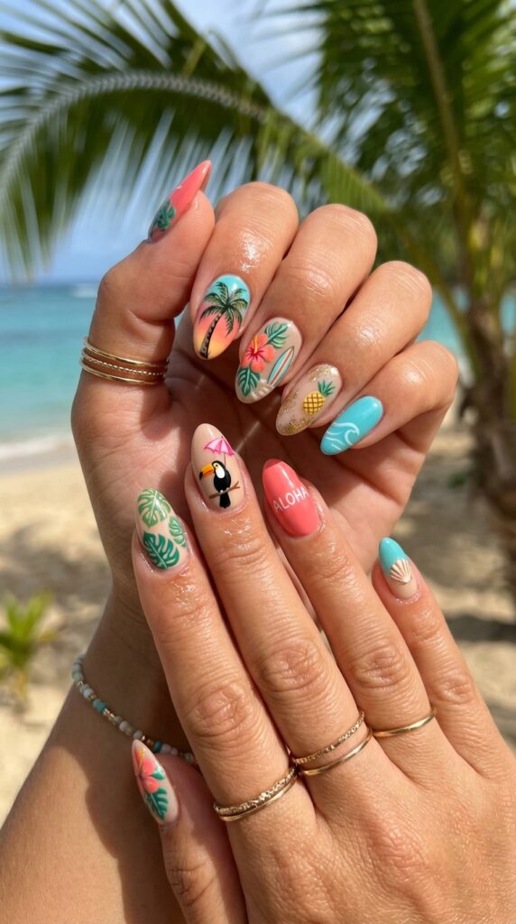 Vibrant tropical beach paradise vacation nails featuring ocean blues, sandy creams, and tropical greens with hand-painted palm trees, hibiscus flowers, coconuts, surfboards, and beach umbrellas in colorful island aesthetic, creating vacation-ready resort designs perfect for beach getaways.






