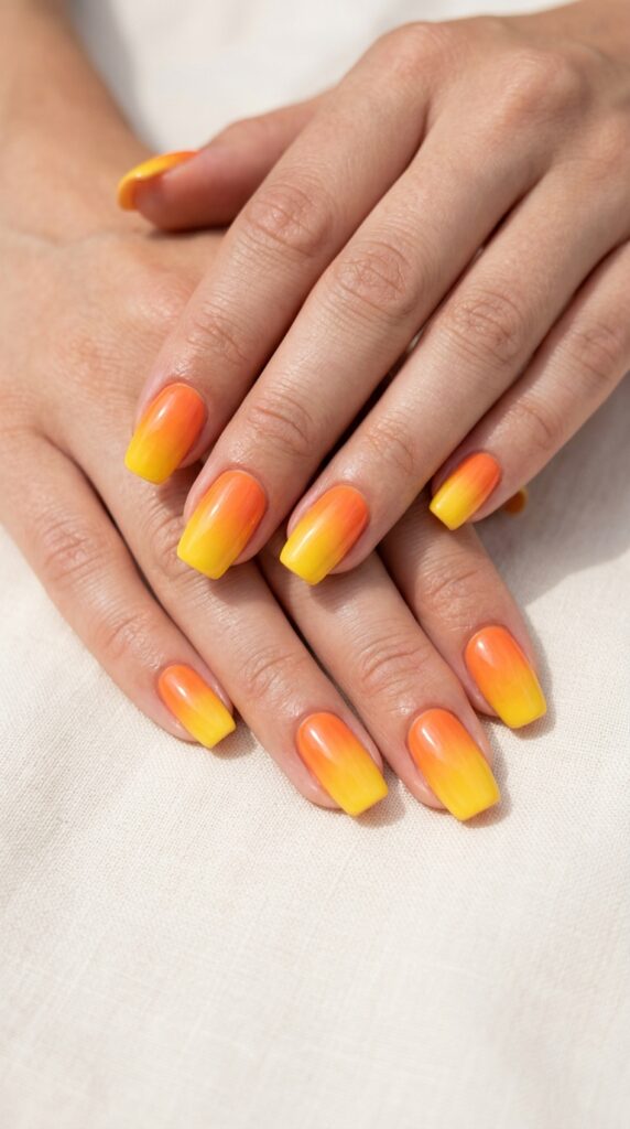 Tropical orange to yellow citrus ombre gradient nails with fruit-inspired transition from vibrant orange base to sunny yellow tips for cheerful vacation summer nail art.