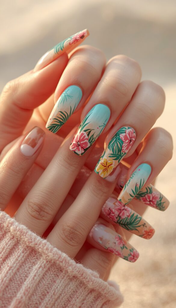 Close-up of coffin nails with tropical nail art, vibrant colors, glossy finish, and a bright summer vacation aesthetic
