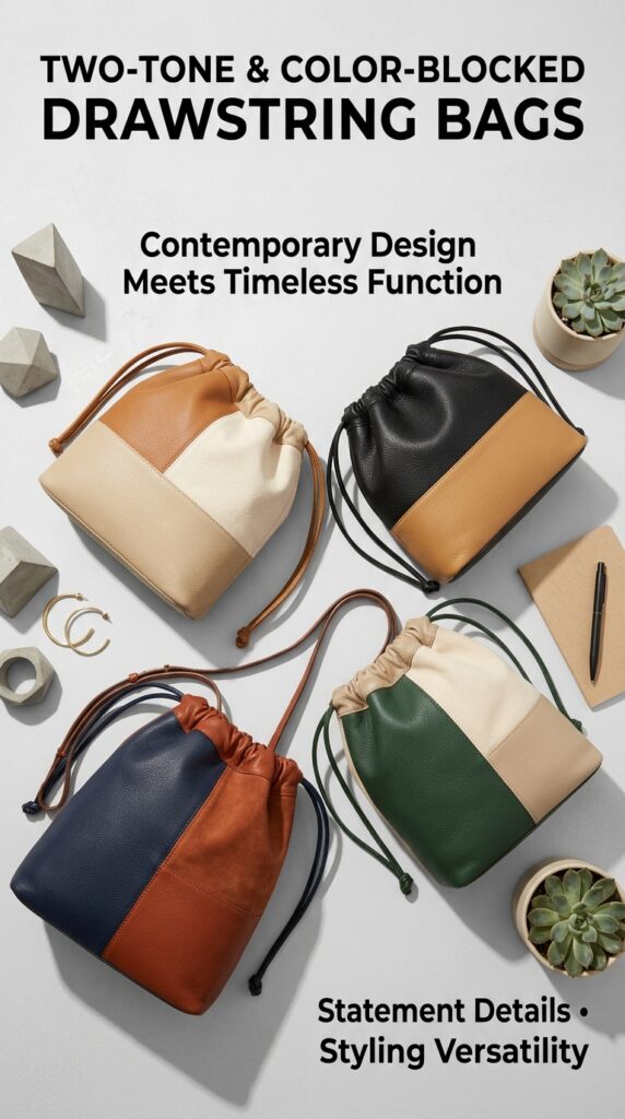 "Collection of color-blocked and two-tone drawstring pouches in contrasting combinations—tan and cream, black and camel, navy and rust—arranged on white background with coordinating accessories and geometric styling elements, showcasing contemporary design-forward bag aesthetics"






