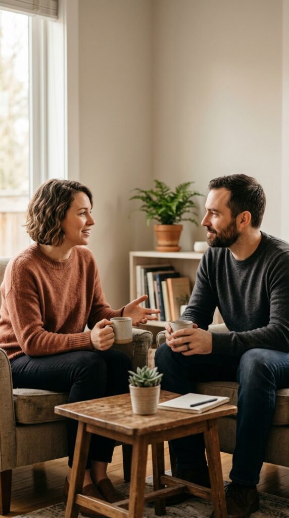 Open communication scene showing two people having a calm and honest conversation, representing trust, connection, and healthy dialogue
