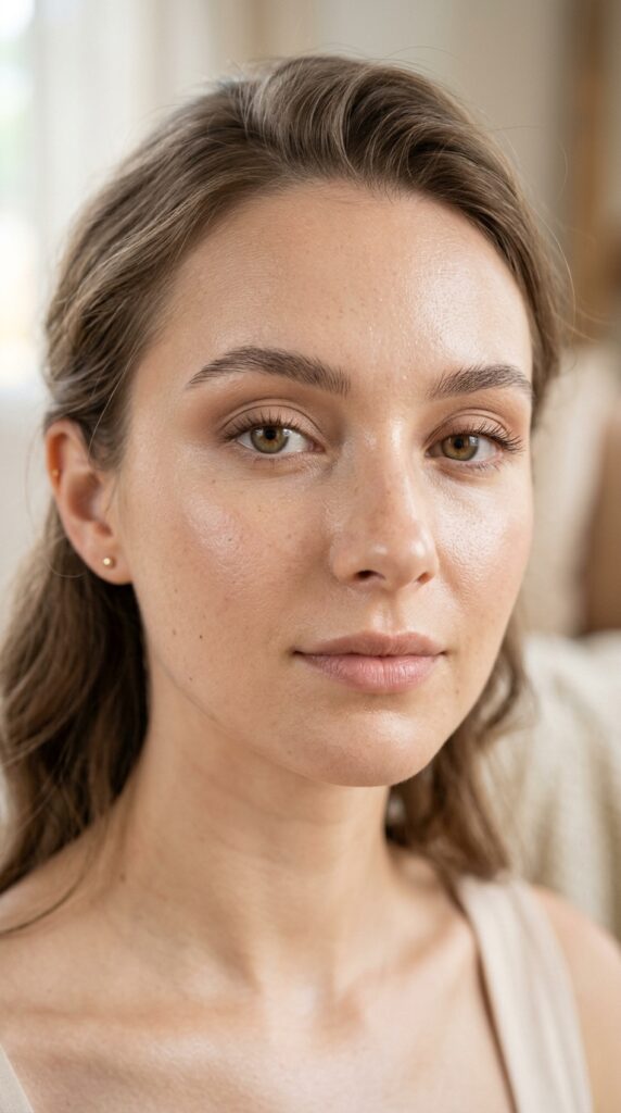 Close-up of minimal eye makeup with soft neutral tones, subtle mascara, and a natural clean beauty aesthetic